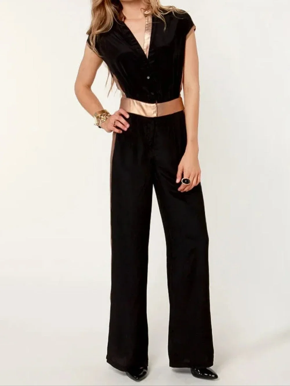 Do+Be Metallic Trim Black Wide-Leg Jumpsuit - Size Medium